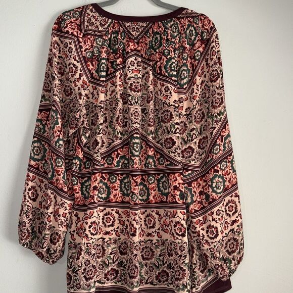 Signature Studio Blouse Womens Plus 3X Long Sleeve Bohemian Floral Beige Red - Picture 6 of 8